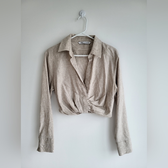 ZARA - Bloggers Favorite Linen Blend Cropped Gather Long Sleeves  Collar Shirt - Picture 1 of 6